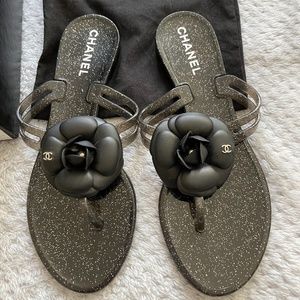 Chanel Jelly Sandals w/Camellia Flower, Blk sz 37
